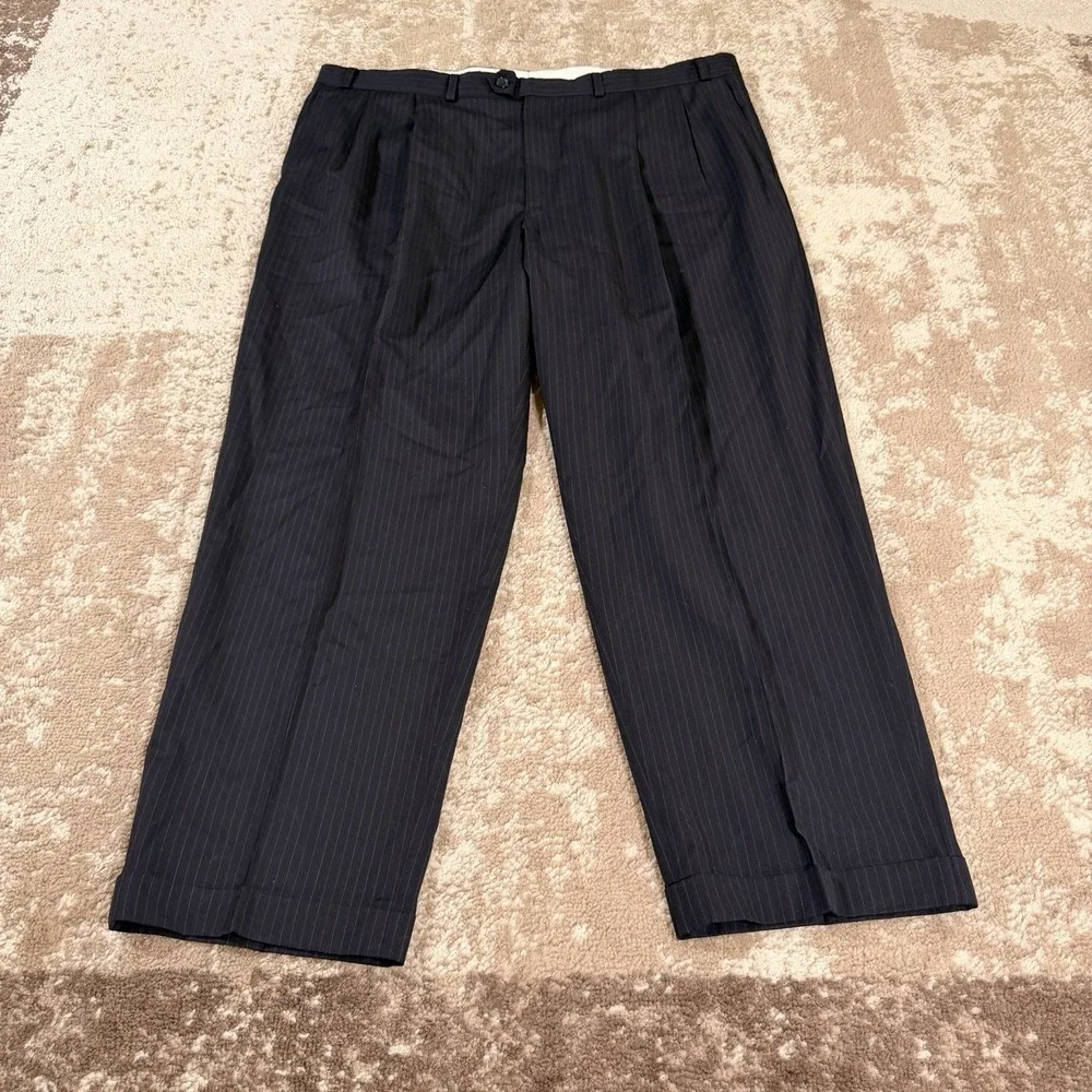 Vtg Chaps Ralph Lauren Suit Mens Wool Cashmere Stripe Black 46R 40x30 Classic